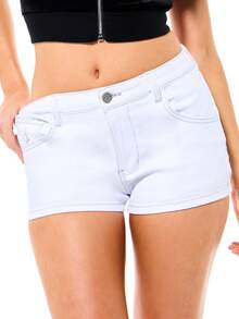 BABYPHAT High Rise Stretch Denim Shorts With Embroidered Back Pockets And Rolled Hem Summer Casual Bottoms - White - View 5