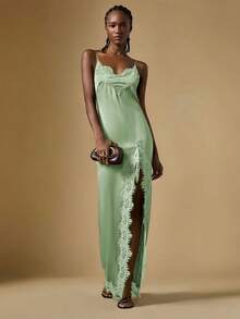 Briarwyn 女士吊带绿色蕾丝拼接高开衩连衣裙，适合情人节、圣帕特里克节 - 灰綠 - 查看 5