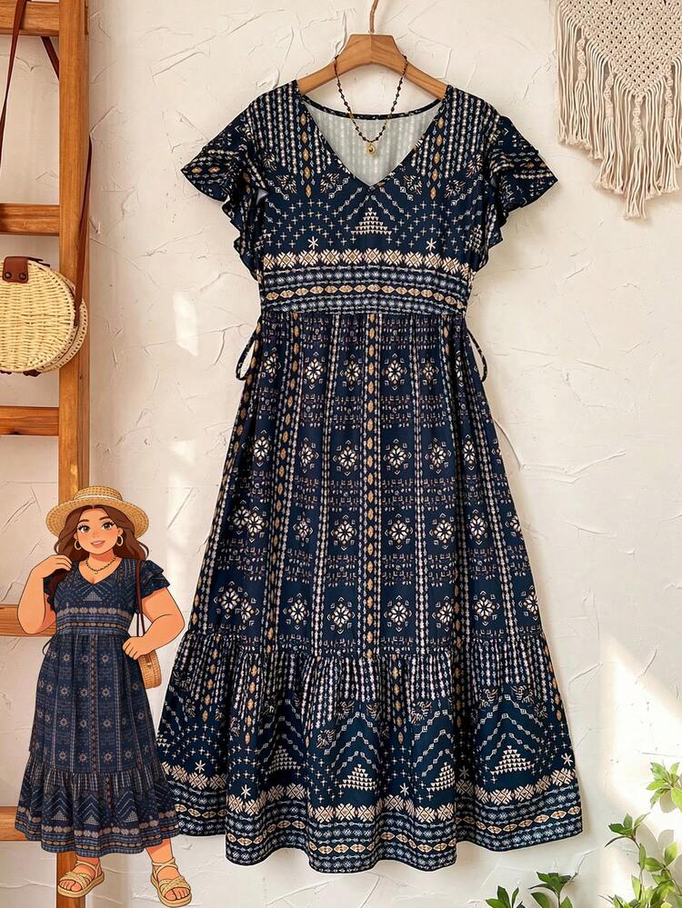 Plus Size Women's Summer Casual Vacation Country Vintage Floral Print Double Layer Ruffle Trim Round Neck Short Sleeve Dress, Spring/Summer,Summer Holiday,Spring Break Outfits ,Vacation Outfits Women ,Holiday Outfits For Women,Going Out Outfits,2026 New Clothes,Simple And Fashionable For Everyday Wear,Casual Dresses For Women,Flowy Long Dress , Boho Dress Women, Women Vacation Dress, French Style Dress, Cottagecore Dress,Suitable For Summer, Vacation, Commute, Daily Wear, Summer Dresses