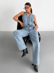 SHEIN Top & Jean Two Pieces Denim Set - Medium Wash - View 1