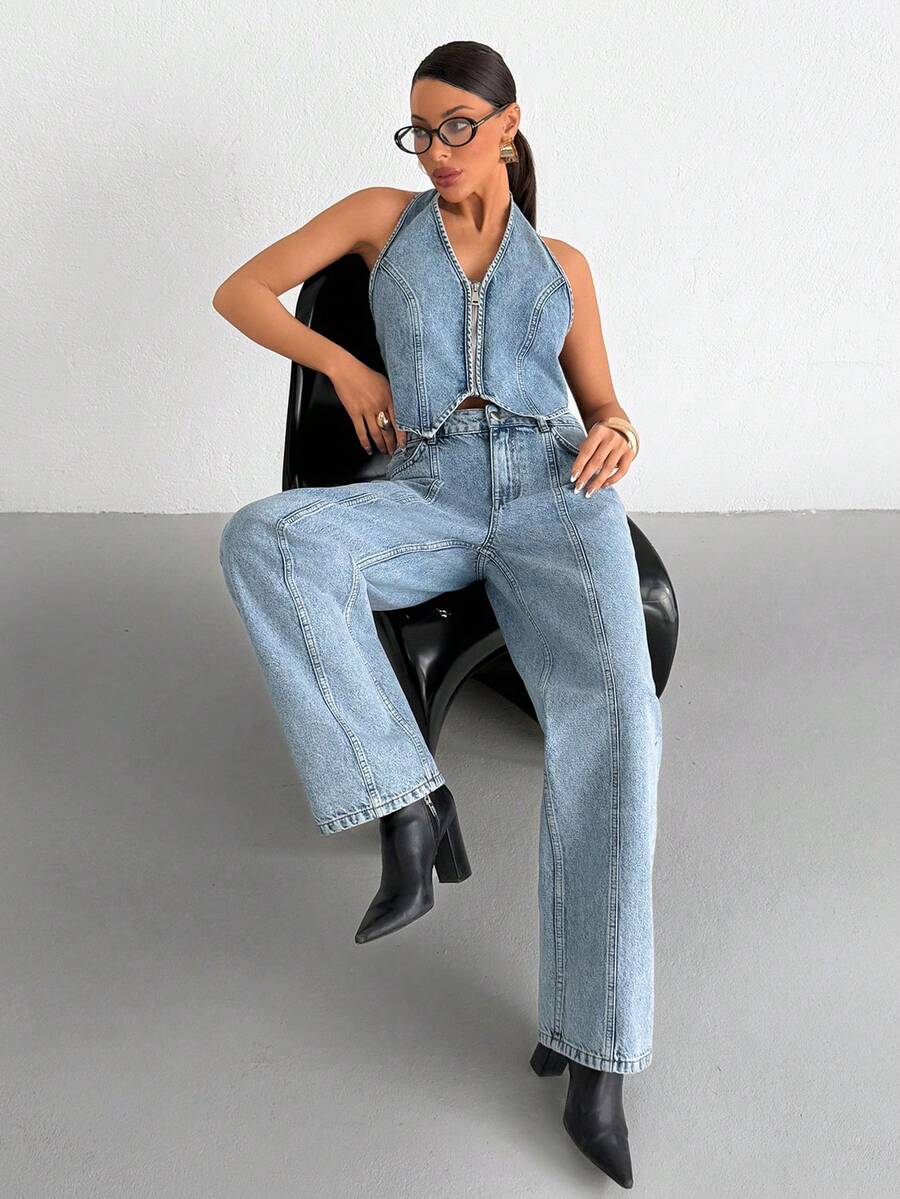 SHEIN Top & Jean Two Pieces Denim Set - Medium Wash - View 1