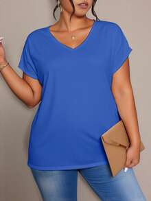 EMERY ROSE Plus Size Women's Summer Solid V-Neck Short Sleeve Casual T-Shirt Blue Tops Plus Size V Neck Tops Bright Blue Top Blue Tops For Summer - Multicolor - View 4