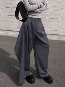 Siren Gaze Women's Casual Dark Grey Layered Design Suit Pants, Autumn/Winter Dress Pants High Waist Pants Pants Wide Leg Grey Pants - Grey - View 8