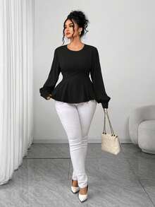 Elenzga 大码女士优雅褶皱圆领长袖衬衫 - 黑色 - 查看 3
