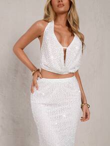 SHEIN Glamour Bộ đồ hai mảnh nữ màu đỏ tía đính sequin, áo hở lưng buộc dây và chân váy ngắn, bộ trang phục dự tiệc gợi cảm, bộ đồ hai mảnh hẹn hò, trang phục sang trọng cho nữ, quần áo đính sequin lấp lánh. - trắng - Xem 5