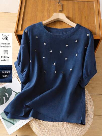 Franclia Women's Casual Blouse Women's Elegant Blouse Round Neck Blouse Navy Blue Blouse Women's Solid Color Blouse Women's Summer Pullover Embroidered Blouse Floral Blouse Women's Vacation Blouse Summer Outdoor Top Women's Daily Versatile Loungewear Blouse