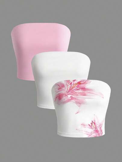 Olithes 3pcs/Set Spring/Summer New White & Pink Floral Print Cropped Camisole Top, Elastic Knit Fabric For Women