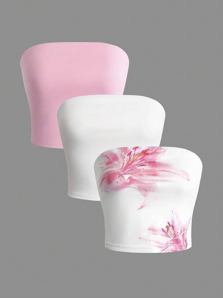 SHEIN Franclia 3件套春夏新款白色粉色碎花露脐吊带背心，弹力针织面料，女款 - 彩色 - 查看 1