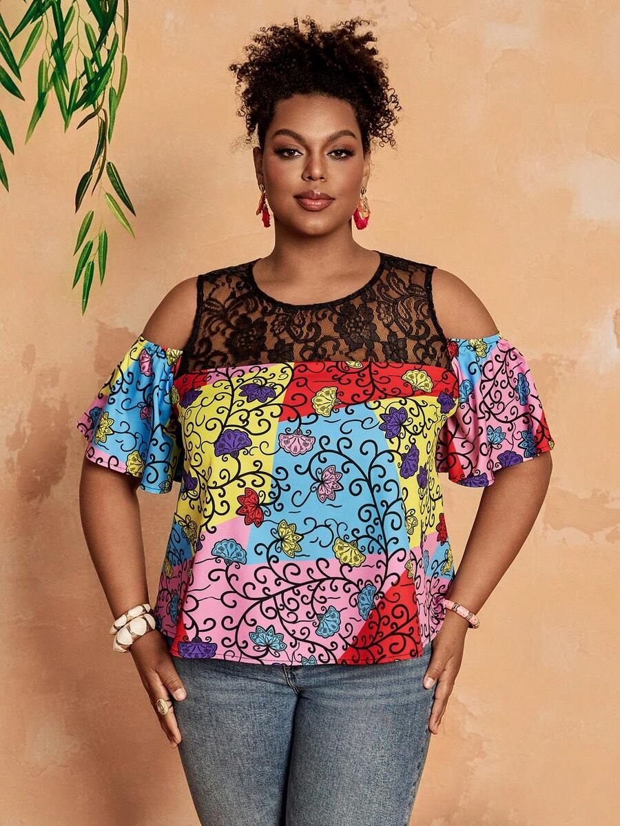 BrightlyHer Damen Große Größen Lässig Spitze Patchwork Blume Muster Schulterfreies Top - Verschiedenfarbig - Übersicht 1