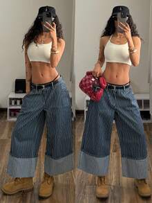 StreetHx 女士时尚休闲低腰条纹阔腿七分牛仔裤 - 深色水洗藍 - 查看 1