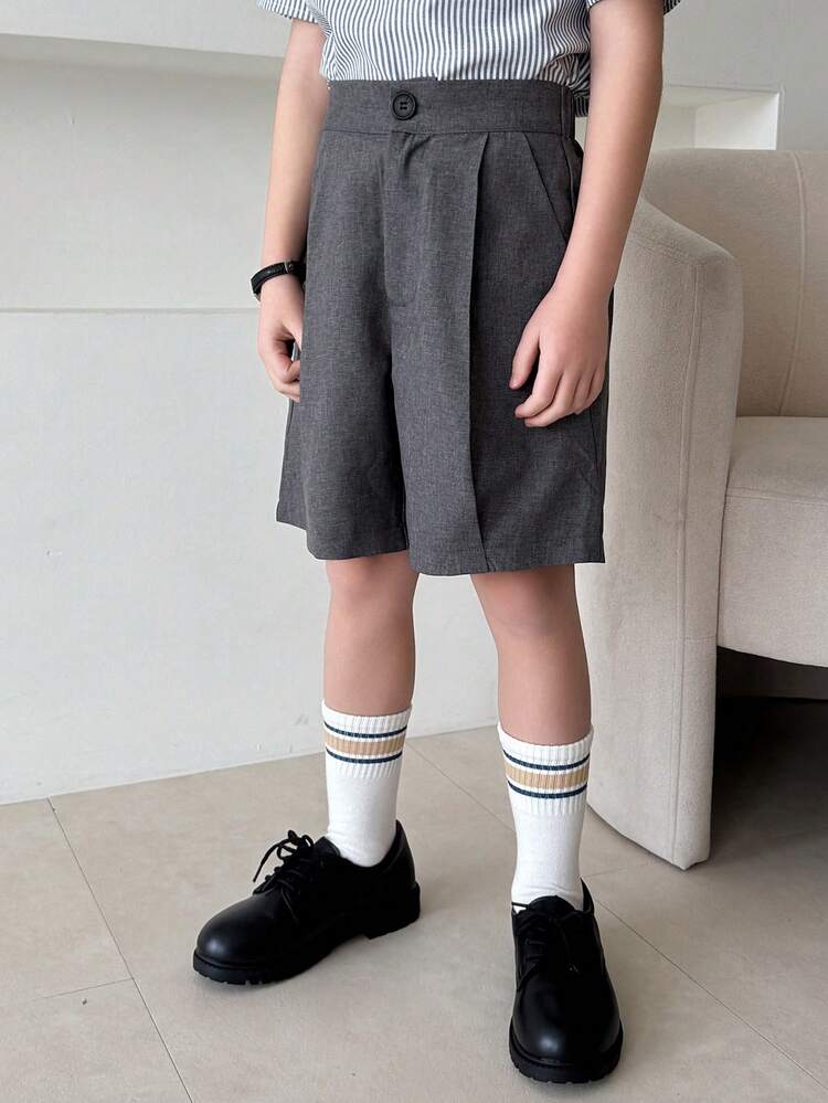Tween Boy Solid Color High Waist Pleated Loose Casual Shorts