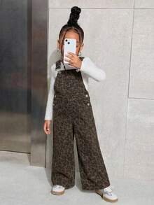 SHEIN Young Girls Leopard Print Denim Overalls - Multicolor - View 3