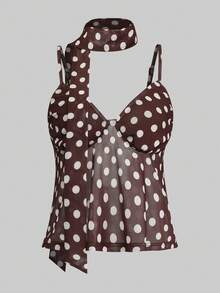 Olithes Women's Polka Dot Halter Neck Versatile Casual Top - Brown - View 5