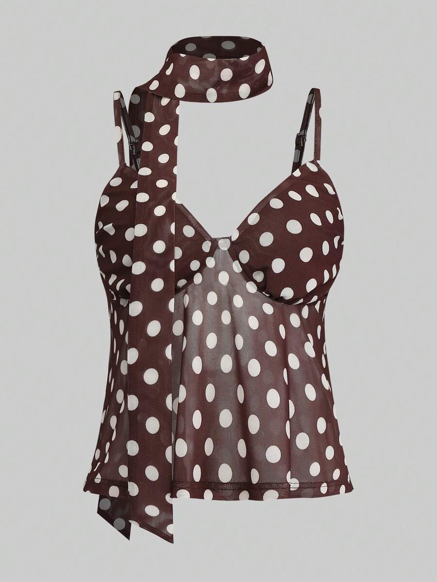 Olithes Women's Polka Dot Halter Neck Versatile Casual Top - Brown - View 1