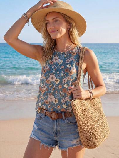 EMERY ROSE Casual Retro Floral Pattern Round Neck Women Tank Top, Suitable For Autumn And Summer Suitable For Going Out,Casual