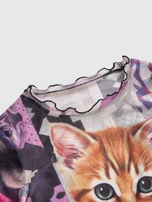 ROMWE Kawaii 女士可爱小猫抽象印花薄纱长袖上衣 - 彩色 - 查看 6