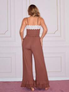 Sweet Girl Lace Pajama Set, Ruffled Trim Sleepwear, Red Casual Loose Camisole And Wide Leg Pants Pajama Set, Young Lady Soft Pink Elegant Sleepwear - Dusty Pink - View 2