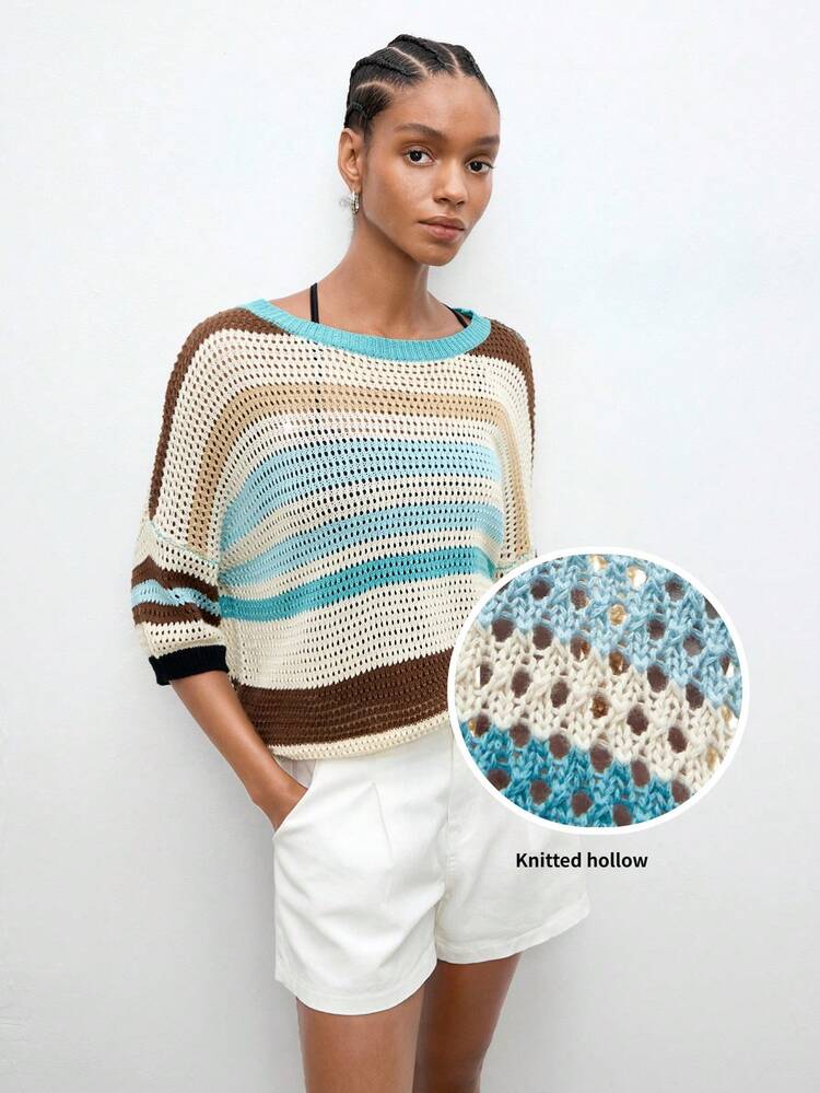 SHEIN Maija Top tricoté à manches longues pour femmes, col rond, à motif de rayures contrastées et ajouré. Idéal pour le printemps, l'été et les vacances à la plage. Top tricoté coloré et artistique avec rayures ajourées, parfait pour les sorties, élégant, pour les vacances et la plage.