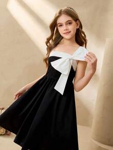 Girls' White Bow Transparent Strap Dress, Suitable For Spring/Summer Weddings, Birthday Parties Girls' Satin Black Midi Dress, Polyester, Sleeveless, Lightweight - Black - View 4