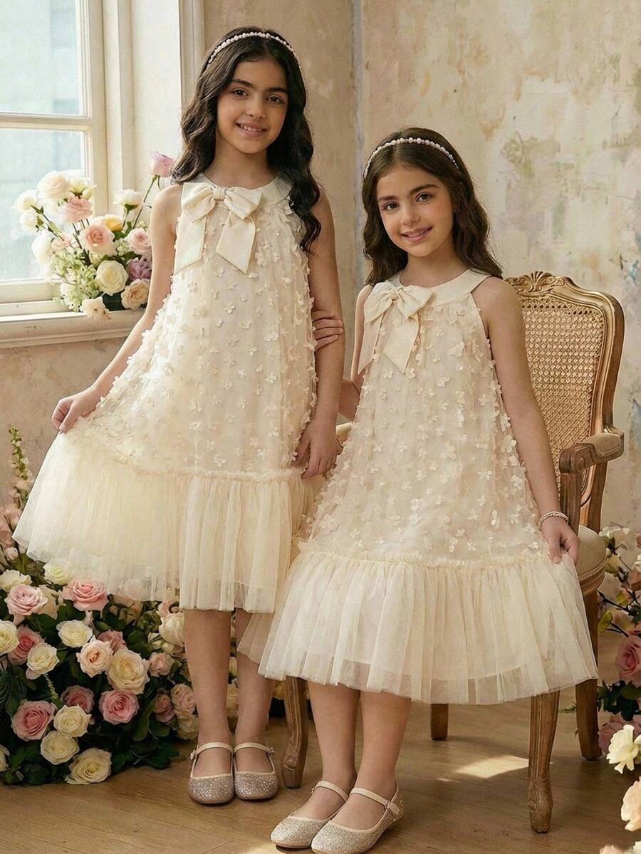 SHEIN Tween Girl Loose Elegant Stand Collar Sleeveless 3D Floral Mesh Ruffle Hem Dress,Kids - Apricot - View 1