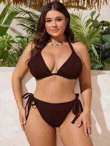 Swim SXY 大码女士罗纹三角杯系带休闲度假泳装套装 - 咖啡棕 - 查看 5