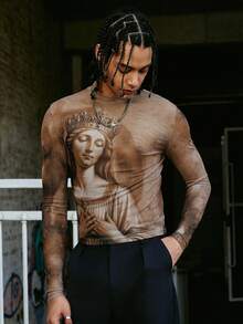 PAVTROS Men's Casual Portrait Graphic Round Neck Long Sleeve T-Shirt, Spring/Autumn Tan Graphic Tees Men Tattoo Shirt Men - Multicolor - View 1