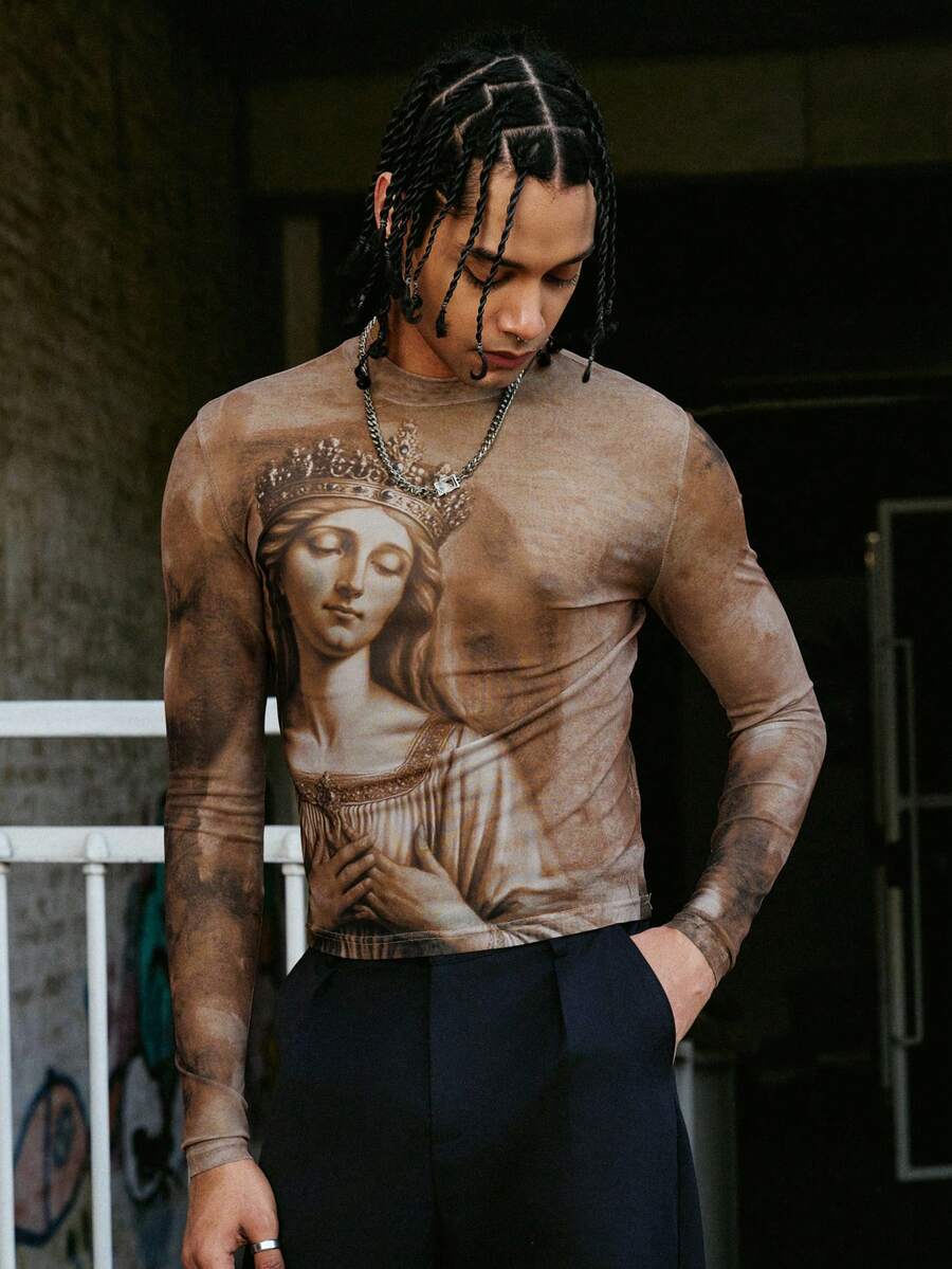 PAVTROS Men's Casual Portrait Graphic Round Neck Long Sleeve T-Shirt, Spring/Autumn Tan Graphic Tees Men Tattoo Shirt Men - Multicolor - View 1