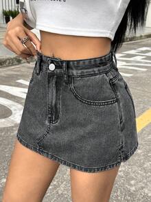 SHEIN ICON 女士高腰带口袋休闲百搭牛仔短裙 - 灰色 - 查看 5