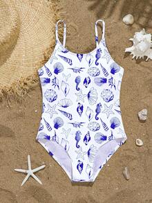 SHEIN Traje de baño de una pieza con espalda cruzada de secado rápido para niñas, traje de baño con correa ajustable de 8 a 14 años - Morado - Ver 3