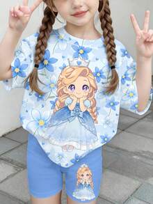SHEIN Imprimé floral bleu mignon, imprimé de la princesse reine des neiges de dessin animé Frozen, ensemble assorti pour sœurs et meilleures amies, t-shirt à manches courtes et short 2 pièces style minimaliste décontracté pour jeune fille, adapté pour l'été - Multicolore - Voir 4