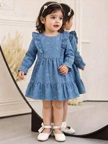 女婴牛仔连衣裙，新款上市，甜美可爱的蝴蝶印花水洗牛仔连衣裙，适合日常外出、度假、派对穿着。 - 淺色水洗藍 - 查看 1