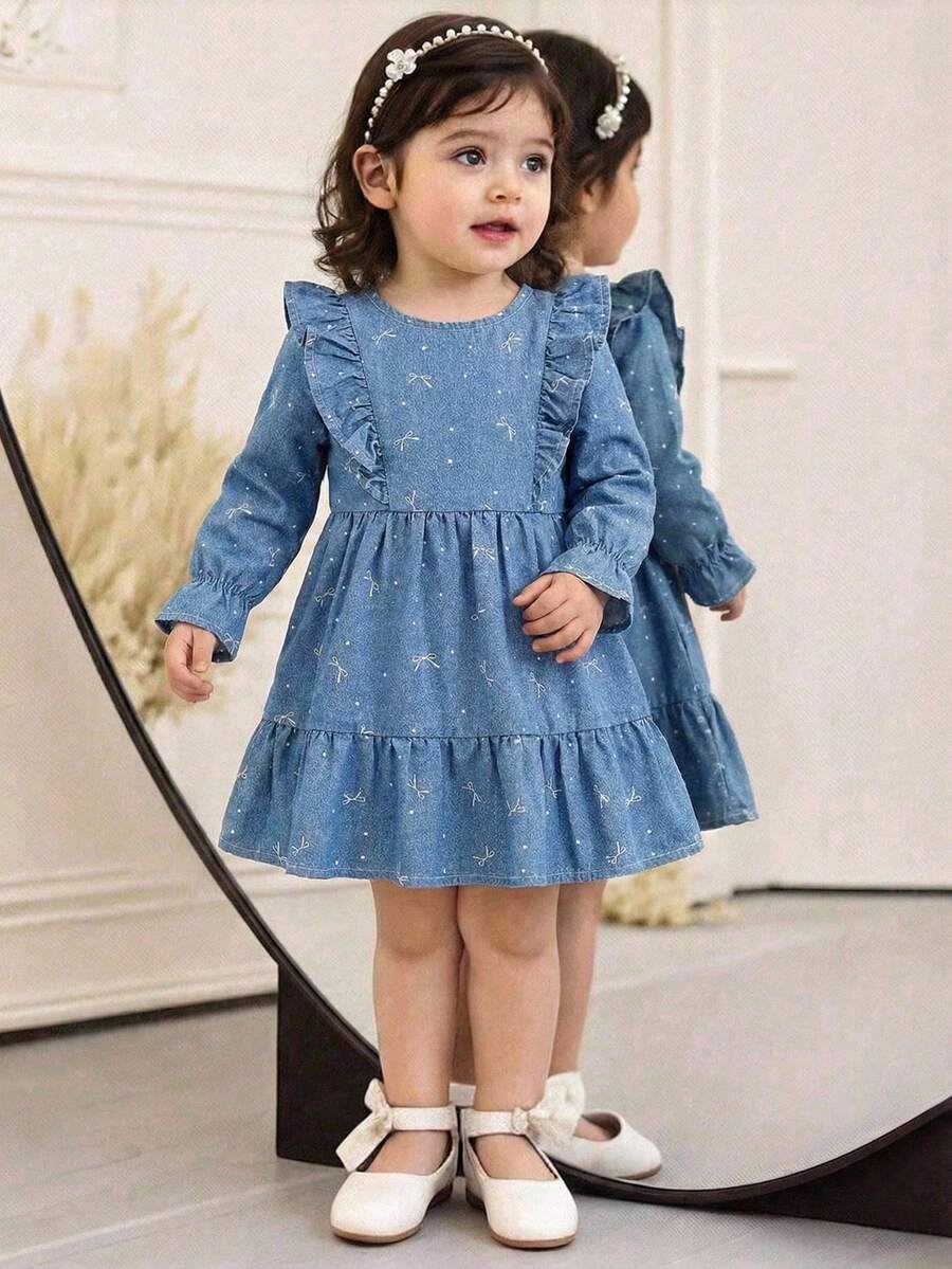 女婴牛仔连衣裙，新款上市，甜美可爱的蝴蝶印花水洗牛仔连衣裙，适合日常外出、度假、派对穿着。 - 淺色水洗藍 - 查看 1