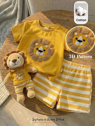 Cozy Pixies 2pcs Baby Boy Cartoon Bear Pattern Knit Soft Crew Neck Short Sleeve Top And Striped Shorts Set
