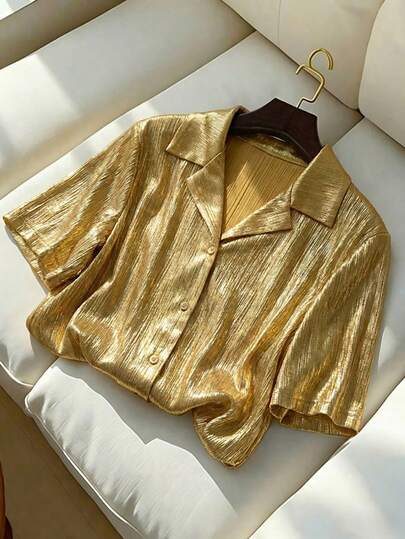 Franclia Women's New Shirt Collar, Luxurious Party-Style, Fashionable Summer Look, Gold Shimmering Fabric, Short Sleeves, Loose Fit, Slimming, High-End Party-Style Top. Women's Shirts: Elegant Shirts, Casual Shirts, Party Shirts, Gold Shirts, Yellow Shirts, Solid Color Shirts, Shimmering Gold Shirts, Party Shirts, Music Festival Shirts, Stage Shirts, Sequined Shirts, Women's Business Formal Wear, Social/Workwear, Women's Commuting Wear, Y2K Style, Summer Holiday Wear, Wedding Guest Tops, Women's Beach Wear, Party Tops, Women's Holiday Attire, Women's Easter Shirts, Versatile Summer Wear, Suitable For Everyday Wear, Vacations, Leisure, Parties, Music Festivals, Festivals, Stage, Y2K, Gatherings, Etc.Graduation Season Attire, Fashionable Casual Commuter Wear, Business Office Wear, Versatile And Stylish Everyday Casual Wear, Urban Teacher's Professional Attire
