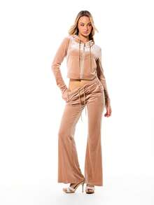 BABYPHAT Pantalones de chándal de pierna ancha de terciopelo lujoso con adornos de strass y cintura con cordón para mujer, ropa de estar en casa cómoda y casual - Amarillo claro - Ver 3