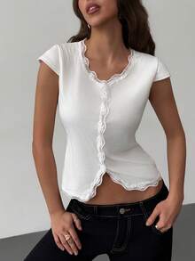 RiviMae Women's Lace Patchwork Fitted Casual Daily T-Shirt - White - View 1