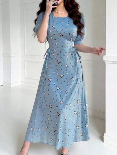 Feyla New Arrival French Style Cinched Waist Elegant Ditsy Floral Dress