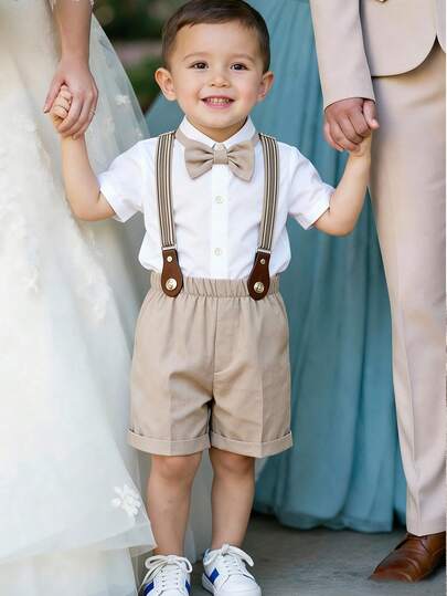 SHEIN 3pcs Young Boy Elegant Collared Shirt, Shorts And Vest Set, Gentleman Outfit For Pageboy
