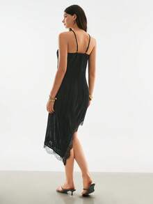 Poéselle Rochie elegantă plisată cu dantelă și decolteu halter pentru femei - Negru - Vizualizare 2
