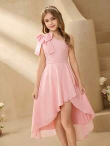 Tween Girl Elegant Solid Color Bow Decor One Shoulder Party Dress - Dusty Pink - View 3