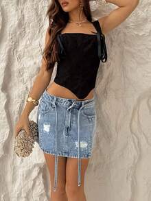 TRNVIE Women's Pocket Button Distressed Casual Versatile Date Outing Denim Mini Skirt - Blue - View 4