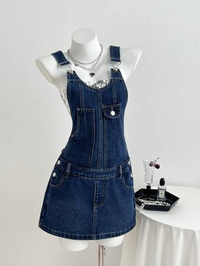 Elamini 夏季女士休闲牛仔背带裙