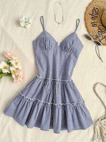 Elamini 女士格子V领收腰吊带连衣裙，夏季 - 藍色 - 查看 8