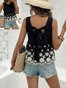 SHEIN LUNE Women's Floral Embroidery Backless Tie Sleeveless Blouse For Vacation - Black - View 1