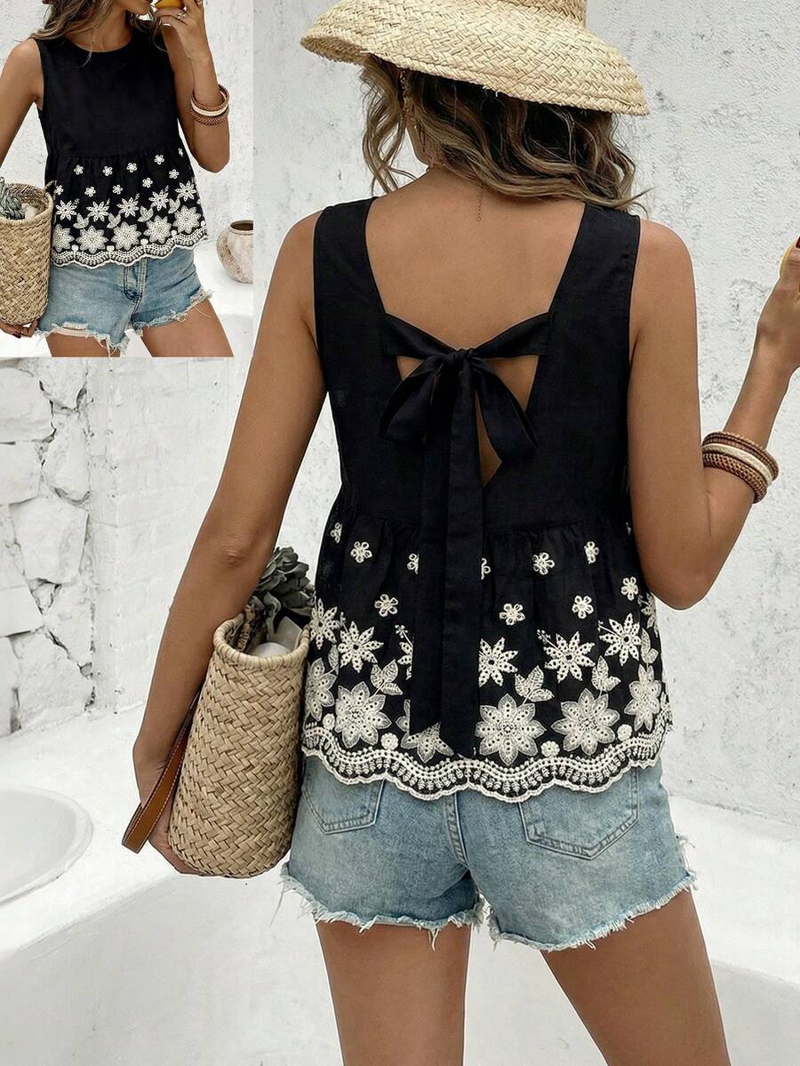 SHEIN LUNE Women's Floral Embroidery Backless Tie Sleeveless Blouse For Vacation - Black - View 1