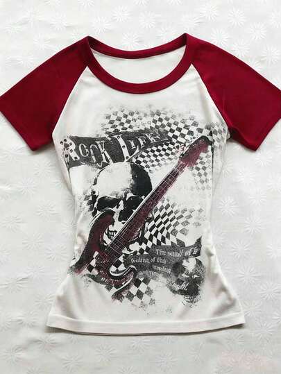 Glimmora Y2K Women's Black & White Contrast Skull Guitar Graphic Round Neck Casual Streetwear Top, Suitable For Daily Street Style
