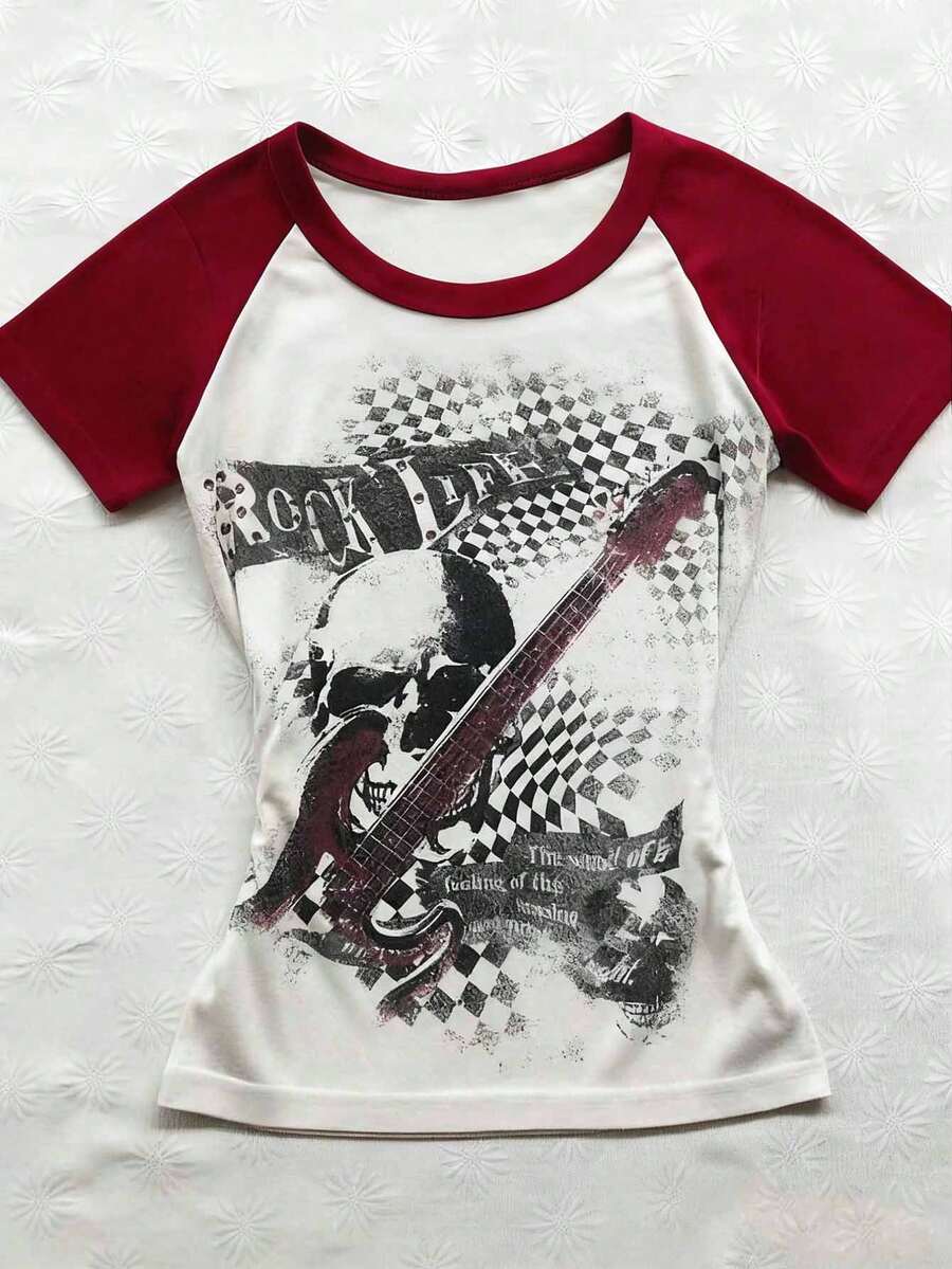 Glimmora Áo thun nữ Y2K đen trắng phối họa tiết đầu lâu và guitar, cổ tròn, phong cách đường phố thường ngày, phù hợp với phong cách đường phố. - Nhiều màu - Xem 1