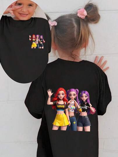 少女休闲舒适时尚百搭创意可爱3D卡通及“K-Pop”字母印花短袖T恤，适合春夏外出、购物、日常穿着。