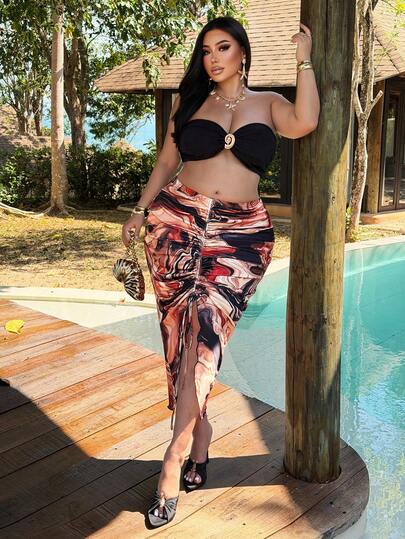 NU&NOW Plus Size Women's Elastic Waist Drawstring Printed Skirt, Suitable For Thanksgiving, Halloween, Christmas, Party, Casual, Commute, Date, Home, Office, Spring, Summer, Autumn, Winter