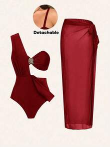 Swim Chiccia Plus Size 3 PiecesElegant Brown Metal Buckle Decorated One-Piece Swimsuit, Can Be Worn Separately With Outfits, Suitable For Party And Holiday - Red - View 8